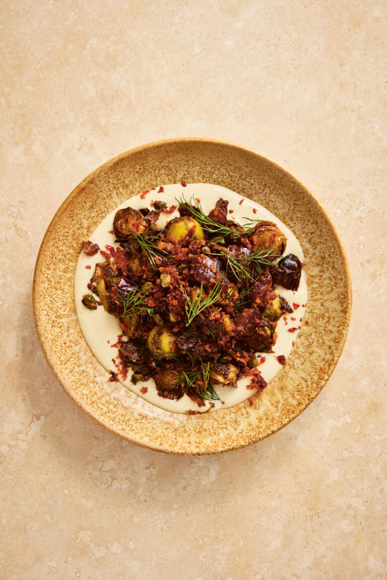 Marc Summers sprouts with dates and harissa crumb