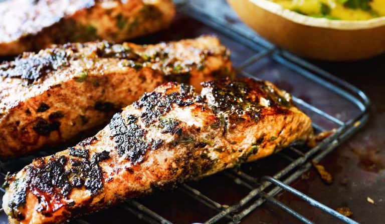 Jerk Barbecued Salmon Steaks with Mango ‘Chop Chop’ Salad