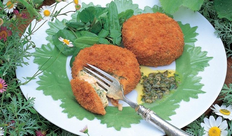 Salmon Fish Cakes with Sorrel and Watercress Salad in a Caper and Lemon Dressing